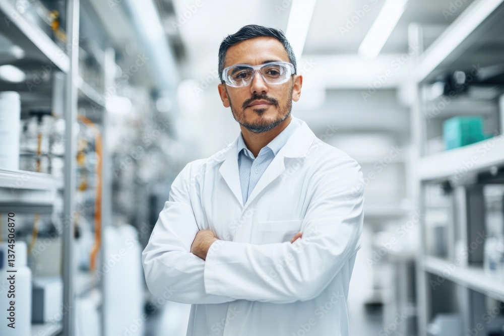 confident scientist in white lab coat stands in modern biotechnology lab surrounded by high-tech equipment conveying confident scientist in white lab coat stands in modern biotechnology lab surrounded by high-tech equipment conveying