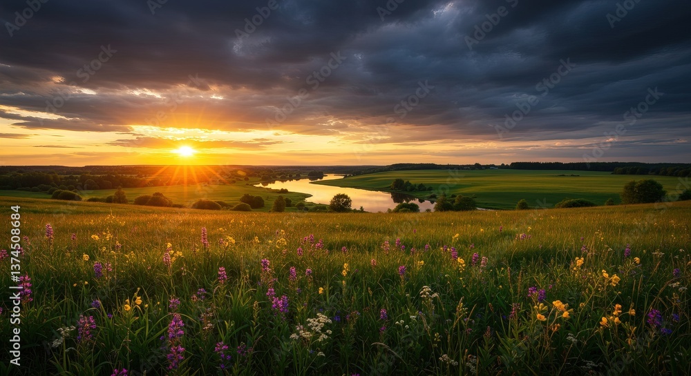 Stunning Golden Hour Landscape: Serene Nature with Lush Hills & Tranquil River Stunning Golden Hour Landscape: Serene Nature with Lush Hills & Tranquil River