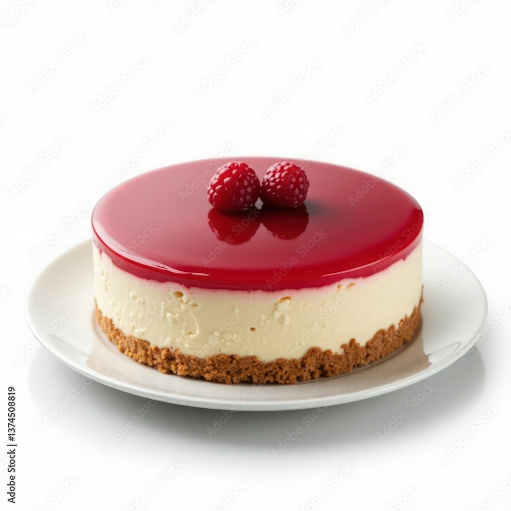 Delicious cheesecake with a glossy raspberry glaze topped with fresh raspberries on a white plate. Delicious cheesecake with a glossy raspberry glaze topped with fresh raspberries on a white plate.