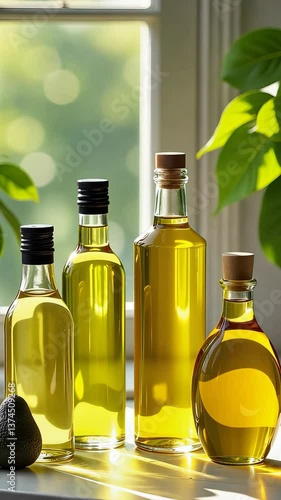 Four bottles of oil are on a table. Two bottles are labeled with a black cap. 