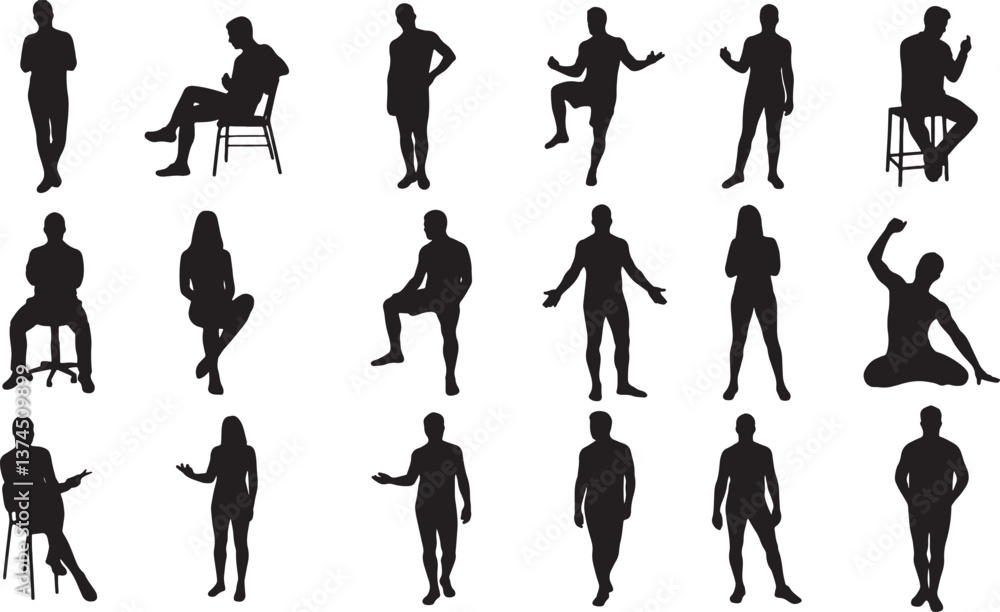 Obraz premium Vector silhouettes of people in various poses and outfits, including men, women, children, and families, depicting walking, business, and fashion styles