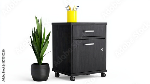 High quality realistic photo of a black rolling filing cabinet perfect for office or home storage solutions