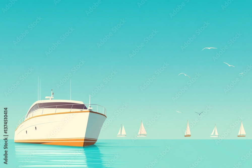 Naklejka premium minimalist flat design illustration of luxurious yacht gracefully cruising across calm turquoise waters with clear