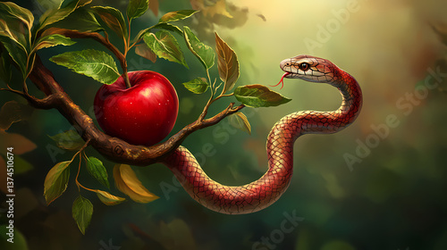 Bible old testament creation genesis the original sin the forbidden fruit snake and red apple on tree branch. Forbidden Scripture. Illustration