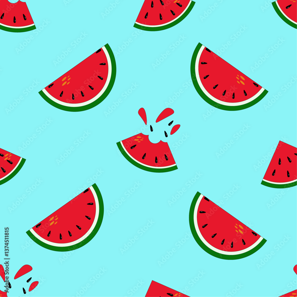 Seamless pattern with a watermelon slice. Juicy pieces of watermelon on a blue background. Ideal for textiles, packaging, backgrounds, screensavers Seamless pattern with a watermelon slice. Juicy pieces of watermelon on a blue background. Ideal for textiles, packaging, backgrounds, screensavers