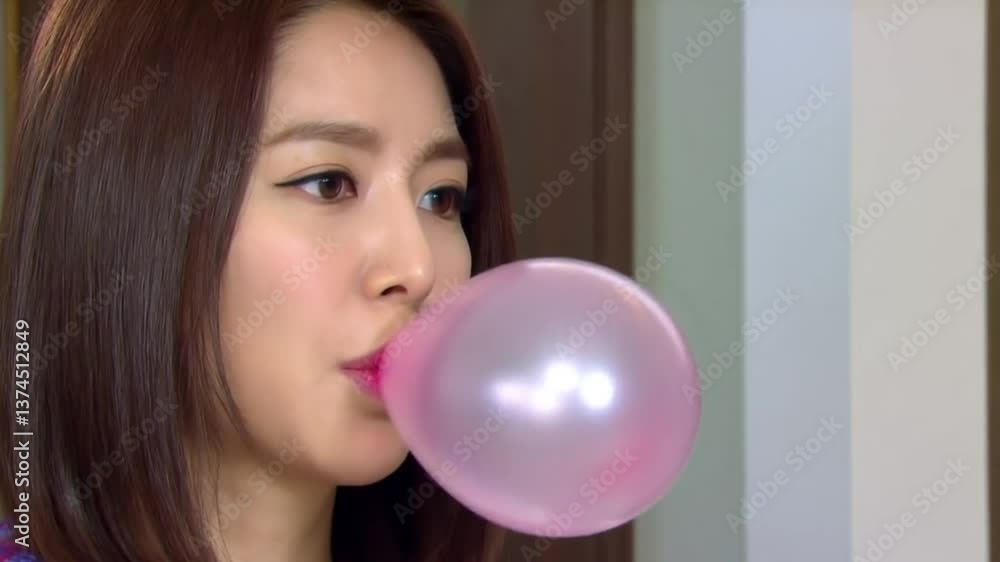 Woman blowing a pink air balloon, creating a large sphere. Dark brown hair is sleek, makeup is applied with precision. Woman blowing a pink air balloon, creating a large sphere. Dark brown hair is sleek, makeup is applied with precision.