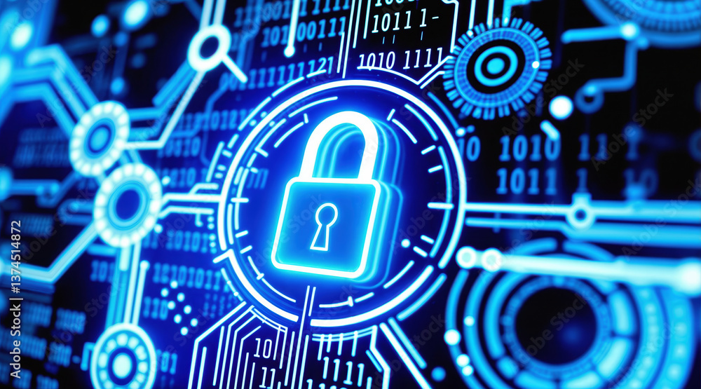 Obraz premium Glowing blue padlock surrounded by binary code, digital circuits, and cybersecurity elements on dark background. Technology network protection concept with encryption symbols and security interface