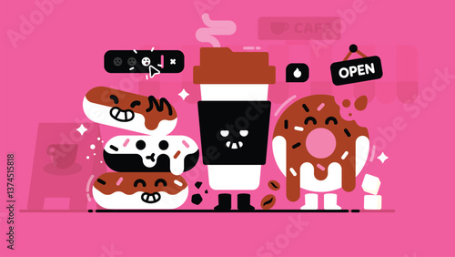 Set of tasty donuts, collection of cute Sprinkled donut, Chocolate vanilla donut and Takeaway coffee, Smiley sweet Food, flat Vector illustration.