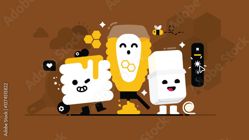 Set of tasty Breakfast, collection of cute Pancake with syrup, Honey and Butter, Smiley sweet Food, flat Vector illustration.