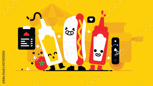 Set of tasty Hot dog sandwich, collection of cute Ketchup bottle, Hot dog sandwich and Mustard, Smiley sweet Food cart, flat Vector illustration.