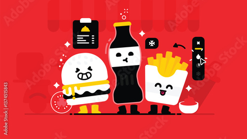 Set of tasty Fast food meal, collection of cute Cheese burger, Cola bottle and French Fries Box, Smiley sweet junk Food, flat Vector illustration.
