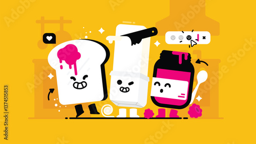 Set of tasty Breakfast, collection of cute Toasted bread, Butter and Berry jam, Smiley sweet Food, flat Vector illustration.