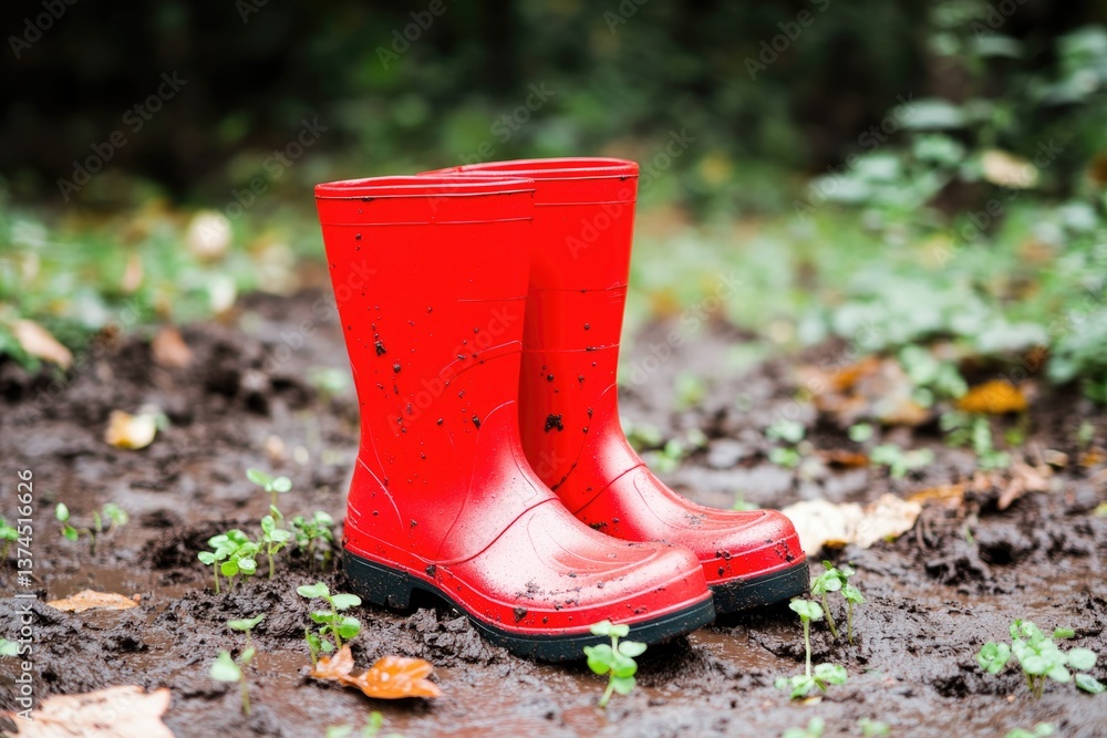 bright red rain boots standing in muddy garden surrounded by scattered leaves and tiny green sprouts bright red rain boots standing in muddy garden surrounded by scattered leaves and tiny green sprouts