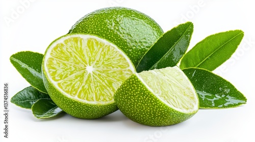 Tahitian lime and half lime isolated on white background showcasing their bright green color and juicy texture