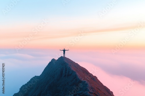 capture solitary figure standing on mountain peak at sunrise silhouetted against vast expanse of sky arms spread wide