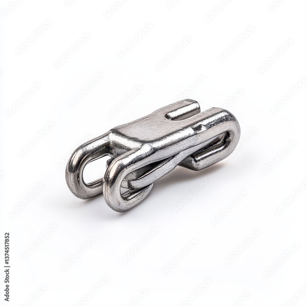 Close-up of a shiny metallic double-looped connector chain link fastening device against a clean plain white background showcasing detailed craftsmanship and design Close-up of a shiny metallic double-looped connector chain link fastening device against a clean plain white background showcasing detailed craftsmanship and design