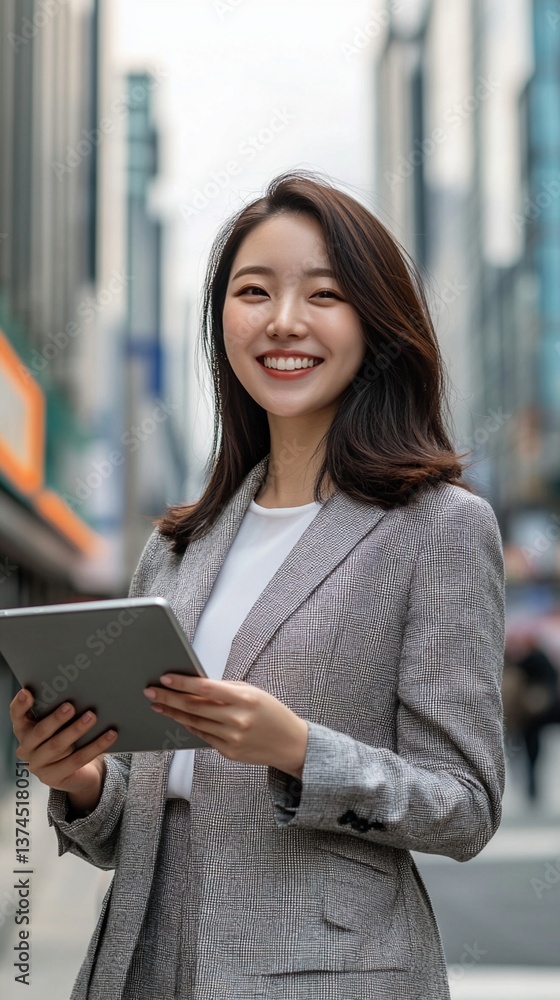 Professional businesswoman smiling confidently while using digital tablet on modern urban street with corporate buildings in background Professional businesswoman smiling confidently while using digital tablet on modern urban street with corporate buildings in background