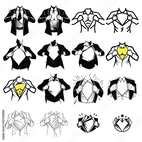 Set of Superhero Transformation, Opening Shirt to Expose Costume, Comic Style