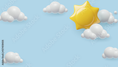 Sun and clouds 3d vector summer sky background in a cute cartoon plastic style.