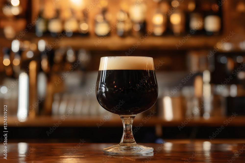 Dark stout beer with creamy head in a branded glass, standing on a wooden bar counter in a pub Dark stout beer with creamy head in a branded glass, standing on a wooden bar counter in a pub