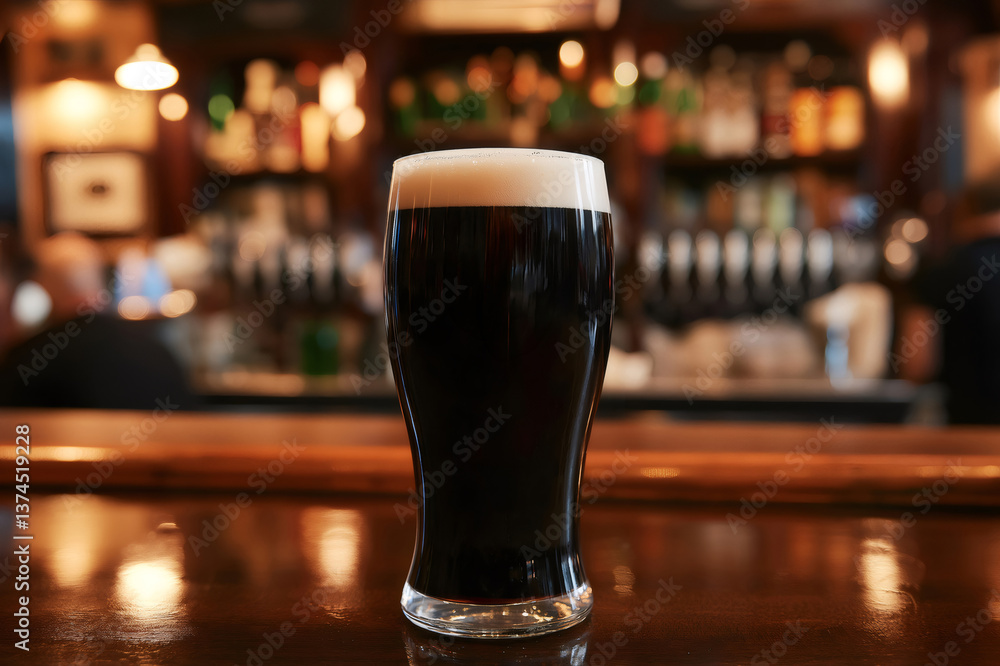 Pint of dark stout beer, topped with a creamy head, resting on a polished wood bar counter in a cozy pub setting Pint of dark stout beer, topped with a creamy head, resting on a polished wood bar counter in a cozy pub setting