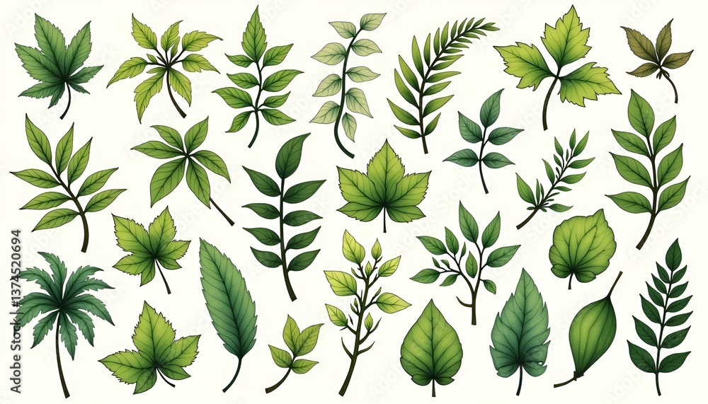 Various Green Leaves Illustrations on Neutral Background  