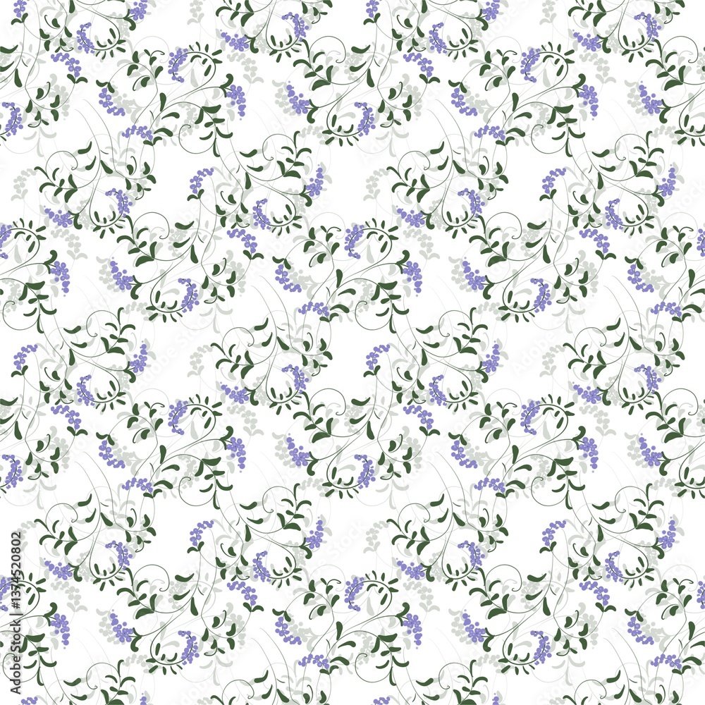 Seamless floral pattern with delicate wisteria vines, purple blossoms, and green leaves on a white background. Perfect for textiles, wallpapers, and decor. Elegant, vintage, and ideal for romantic Seamless floral pattern with delicate wisteria vines, purple blossoms, and green leaves on a white background. Perfect for textiles, wallpapers, and decor. Elegant, vintage, and ideal for romantic