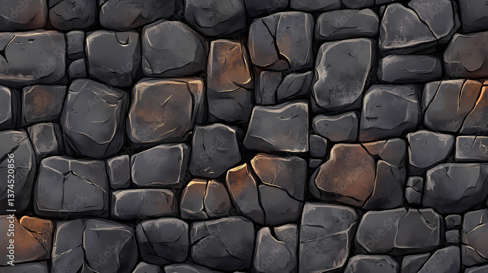 Fototapeta premium Dark, matte finish of weathered stone wall with subtle cracks, stone, weathered. Weathered Stone. Illustration