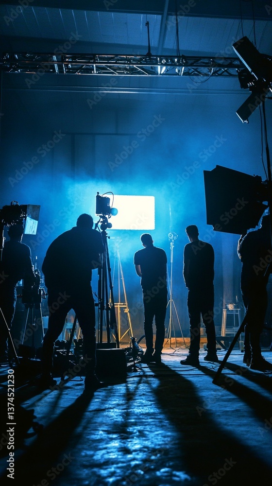 Behind-the-scenes glimpse of a professional film production set, silhouetted crew members working under dramatic blue lighting and studio equipment