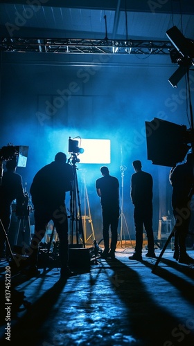 Behind-the-scenes glimpse of a professional film production set, silhouetted crew members working under dramatic blue lighting and studio equipment