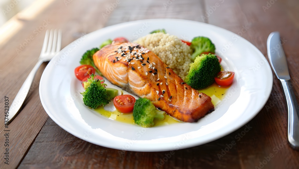 Nutritious Grilled Salmon Dish with Quinoa, Steamed Vegetables, and Sesame Garnish Nutritious Grilled Salmon Dish with Quinoa, Steamed Vegetables, and Sesame Garnish