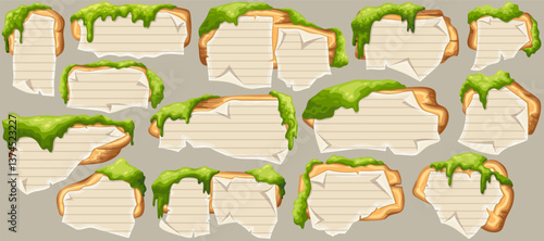 Cartoon game panels with swamp moss, forest lichen. Vector signboards with school page in line, ragged graph paper. Set isolated wooden gui elements for covers, applications, notebooks, mobile games.