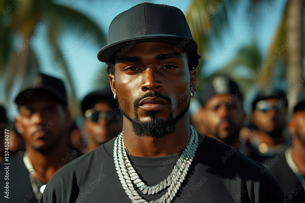 A man with a black hat and a black shirt is standing in front of a group of men A man with a black hat and a black shirt is standing in front of a group of men