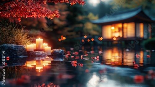 Serene Reflection: Tranquil scene with a Japanese-style building reflected in a pond, adorned with candles and autumn foliage, exuding a peaceful atmosphere.
