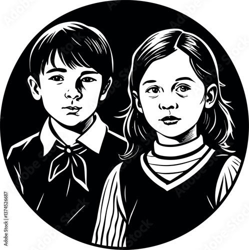 Cute Siblings Vector Silhouette Artwork Illustration 04 eps Sister Brother