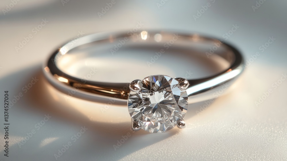A modern platinum ring with a radiant round brilliant diamond, set against a clean and soft white surface A modern platinum ring with a radiant round brilliant diamond, set against a clean and soft white surface