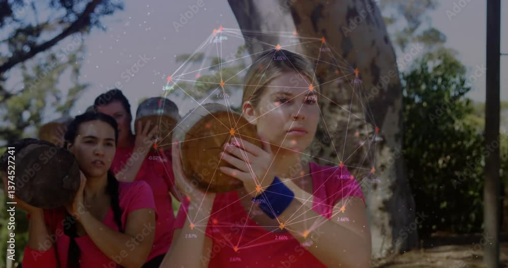 Carrying logs outdoors, women with data network animation overlay in forest Carrying logs outdoors, women with data network animation overlay in forest