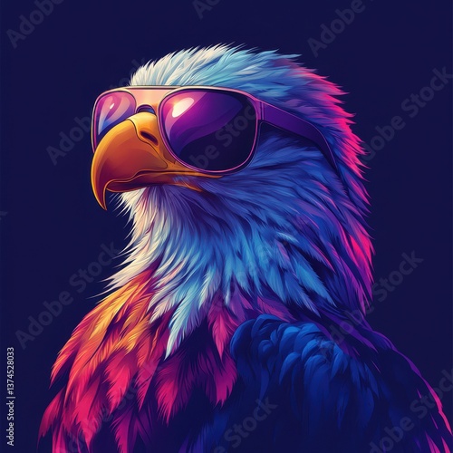 Colorful eagle with sunglasses exudes confidence and style in a vibrant artistic portrayal