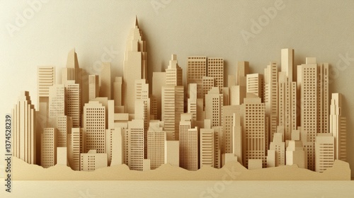 Artistic Paper Cityscape Model Illustration Crafted from Brown Cardboard with Intricate Details, Abstract Architecture, and Creative Urban Design Elements for Stock Photos