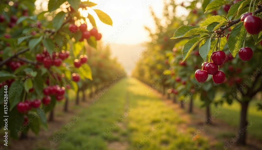 Fototapeta premium Cherry orchard with ripe fruit glowing in sunset light