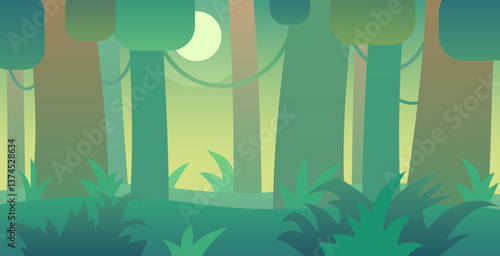 Dense Forest Landscape Flat Style Vector Illustration. Suitable for web, games and books. Horizontal format.