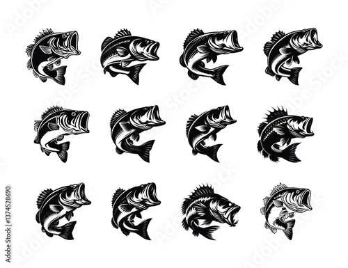 Black and White Bass Fish Vector Set for Fishing and Outdoor Designs