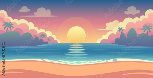 Sunset Beach Landscape Flat Style Vector Illustration. Suitable for web, games and books. Horizontal format.