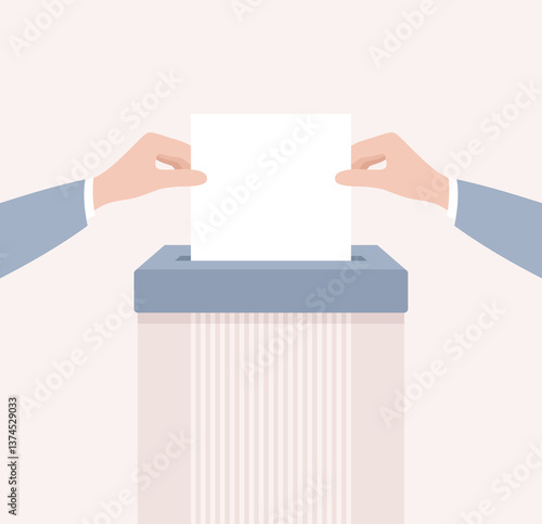Two hands putting a sheet of paper into a paper shredder, flat vector illustration