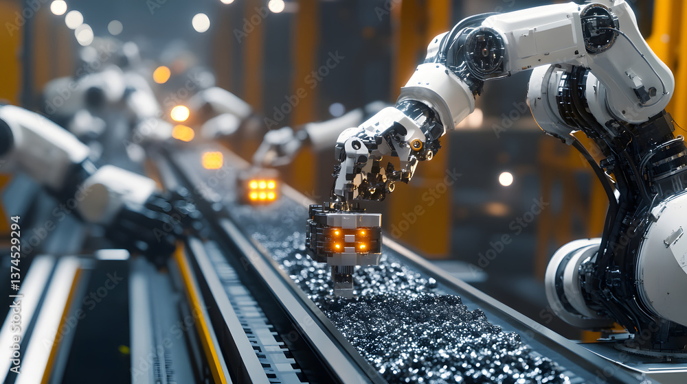 High-tech industrial robots sorting ore on a conveyor belt with automated precision and speed. High-tech industrial robots sorting ore on a conveyor belt with automated precision and speed.