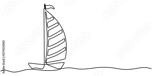 Single line continuous drawing of sailboat or yacht one line drawing outline vector art illustration, Continuous one line drawing of sailboat. Business icon. Vector illustration, continuous line draw.