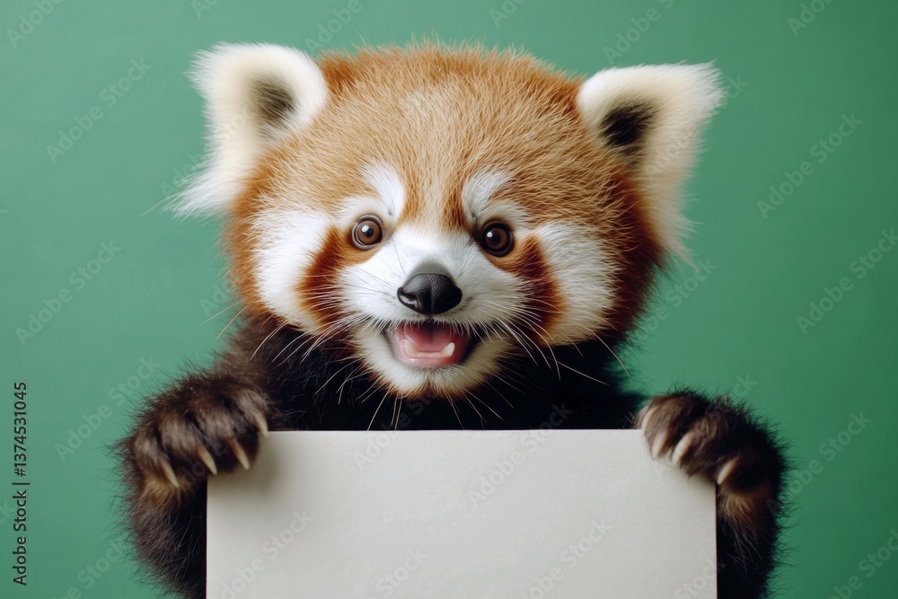 Obraz premium Isolated baby animal on a solid uniform green background. Cute baby animal red panda hold in front paws a design draft - large white zoo sign. Pet in ad concept. Studio mockup creature.