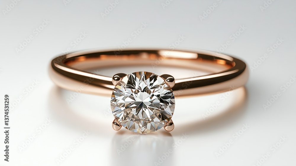 A simple yet elegant rose gold ring with a solitaire brilliant-cut diamond, minimalistic design on a white background A simple yet elegant rose gold ring with a solitaire brilliant-cut diamond, minimalistic design on a white background