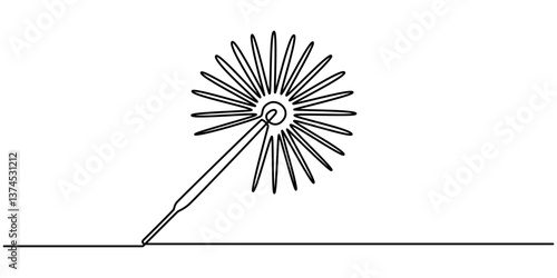 One continuous single drawn line art doodle line, sparkler, firework, hand, celebration, fire. isolated image hand-drawn contour on a white background., Sparklers burning in continuous line art drawin