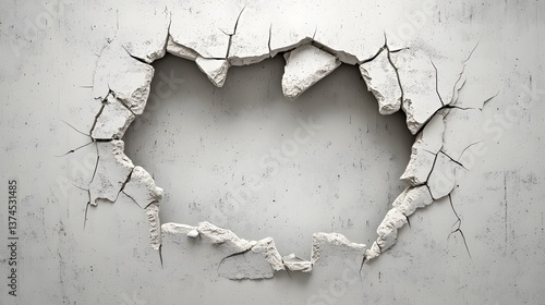 Breach in Foundation: A close-up perspective unveils a textured wall dramatically shattered, revealing the raw inner layers and a gaping hole